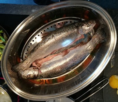 Gedämpfte Forelle auf Gemüsebett dazu gibt’s Butter-Dill-Kartoffeln und eine leichte Dill Soße